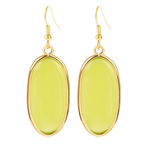 BaubleStar Natural Crystal Healing Stone Drop Earrings Green Opal Jasper Gemstone Quartz Oval Dangle Gold